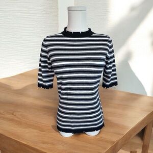 POL Striped Short Sleeve Soft Knit Sweater Distressed Collar/Cuffs Women’s Small
